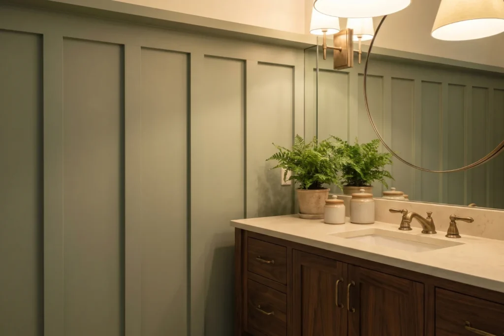 Board and batten wall painted in sage green behind wooden vanity