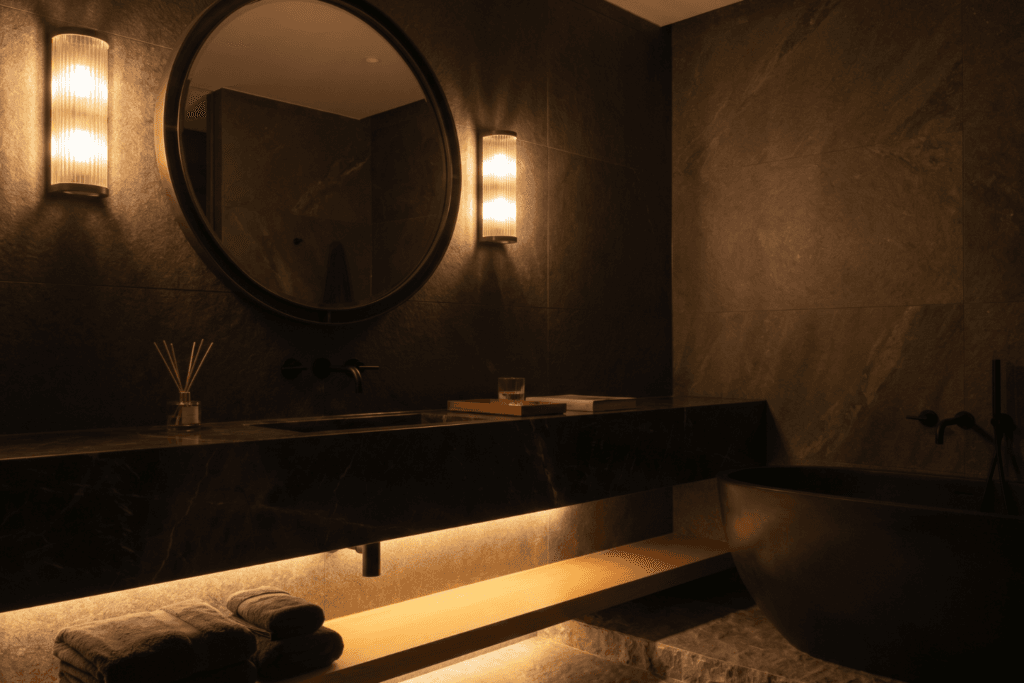 dimly lit luxurious bathroom at evening
