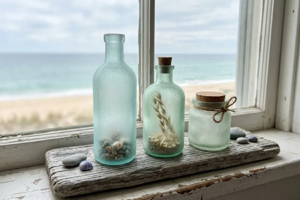 close-up of sea-glass trio on driftwood tray