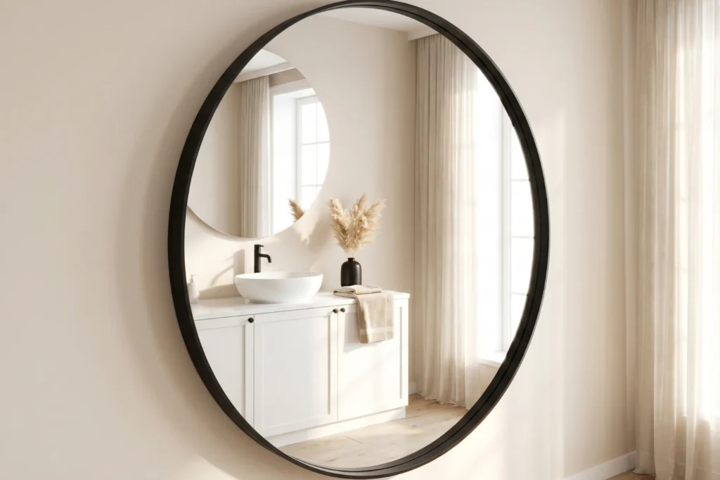 Large round mirror with black frame above white vanity reflecting natural light for brighter bathroom