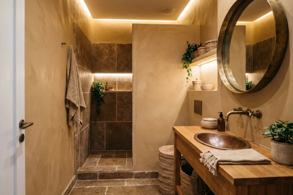 Small windowless bathroom in warm clay/terracotta