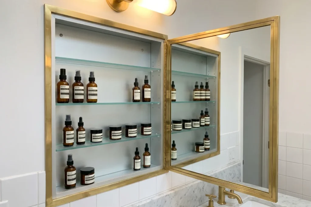 Open recessed medicine cabinet with mirrored door showing neatly organized skincare bottles