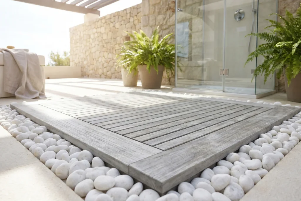 Teak slatted shower floor with pebble drain in outdoor bathroom backyard design
