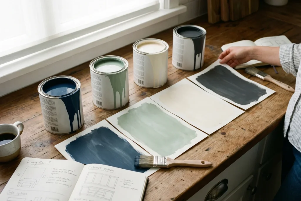 Four paint cans arranged on countertop with color swatches