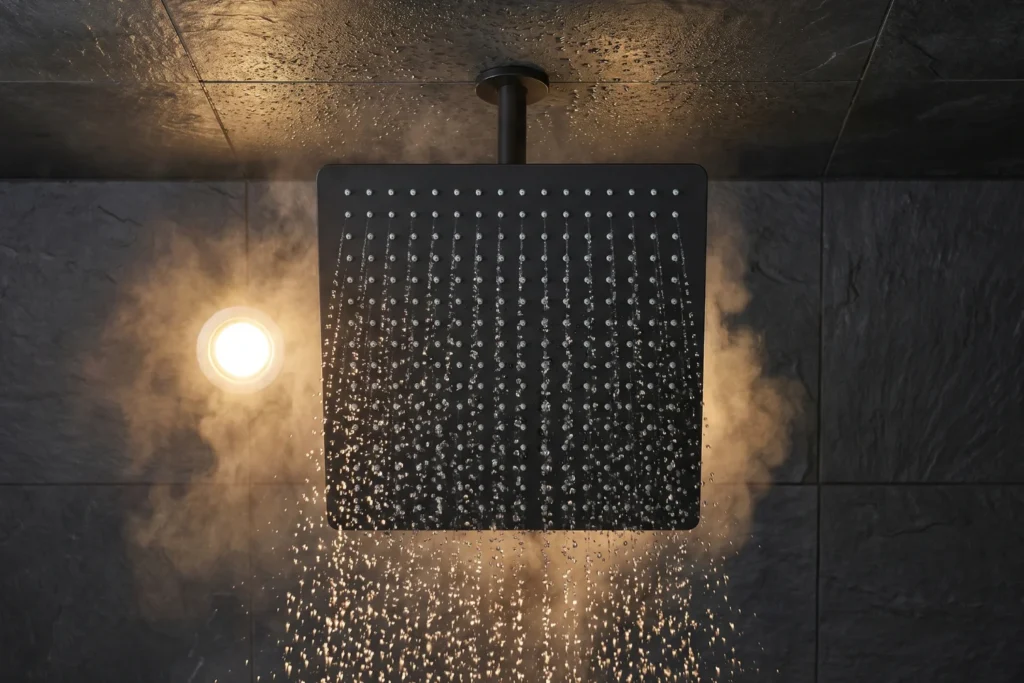 Overhead view of 12-inch matte black rainfall showerhead against dark charcoal ceiling tile