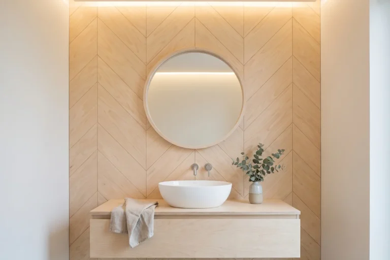 Herringbone birch plywood wall behind a round mirror