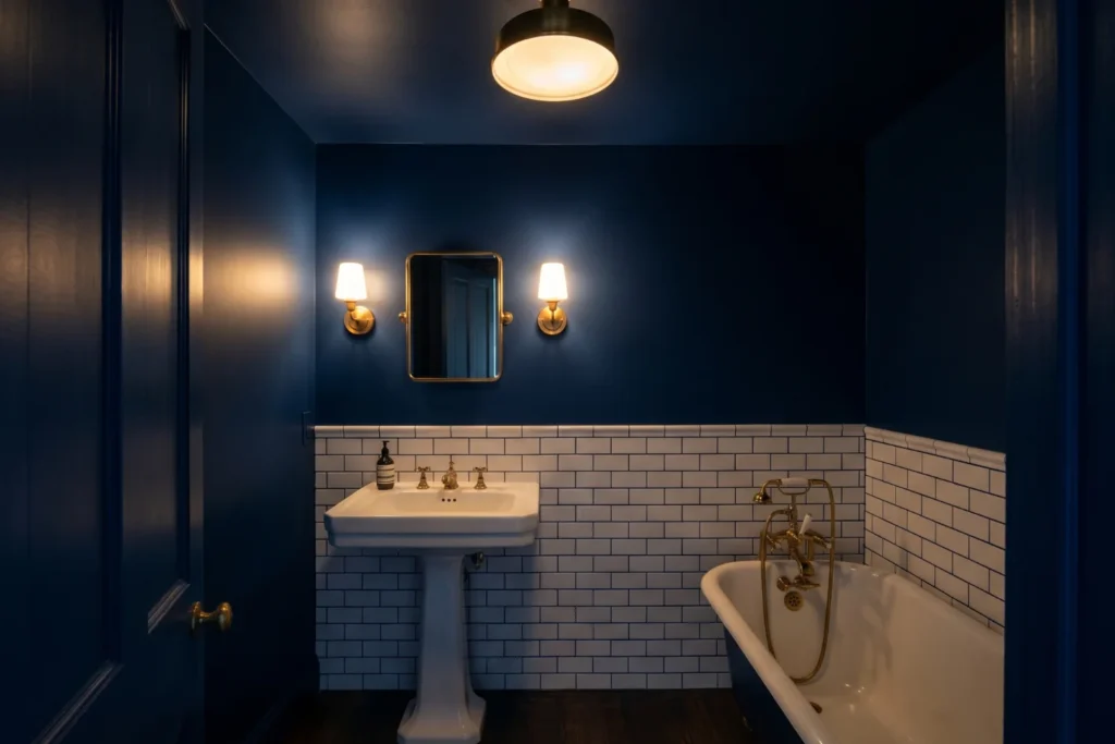 Small bathroom fully wrapped in deep navy
