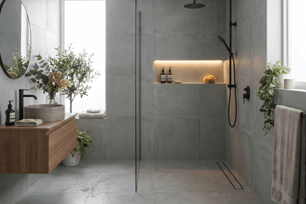 Style: small curbless wet-room bathroom