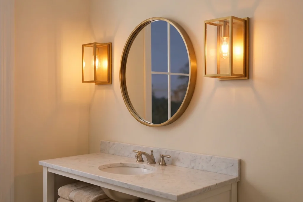 Two wall sconces flanking round mirror over vanity creating layered warm lighting in bathroom