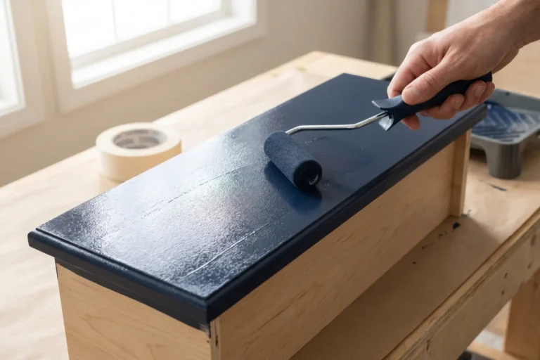 Foam roller applying navy paint to a vanity drawer