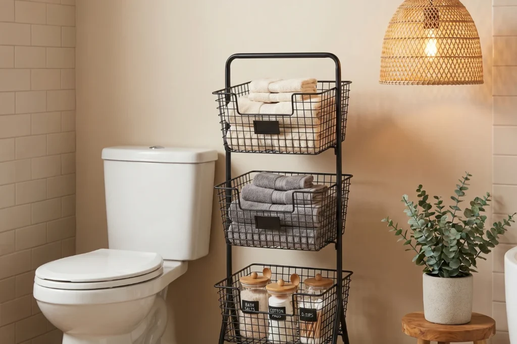 Three stacked black wire baskets beside white toilet holding neatly folded towels and labeled containers