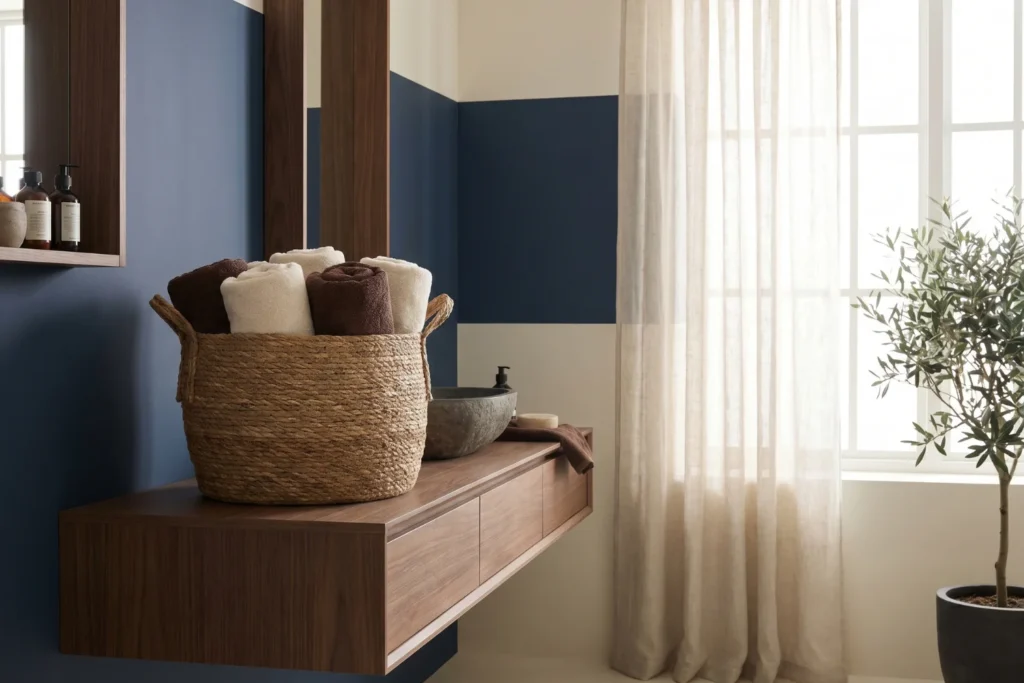 Brushed brass faucet and matching hardware in navy and brown bathroom