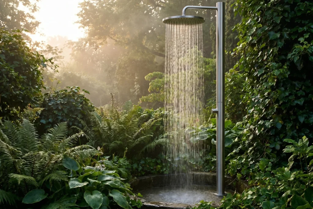 Freestanding rainfall shower pole in garden for easy outdoor shower installation
