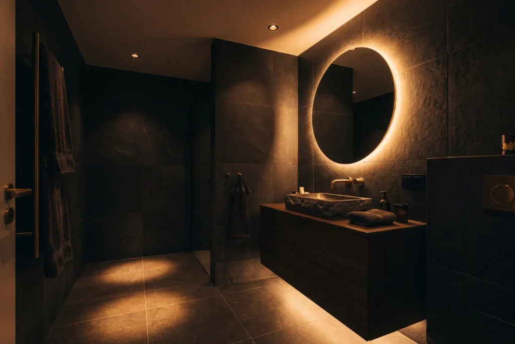 Dark bathroom showing three lighting layers — recessed ceiling spots, glowing backlit mirror, LED strip under floating vanity