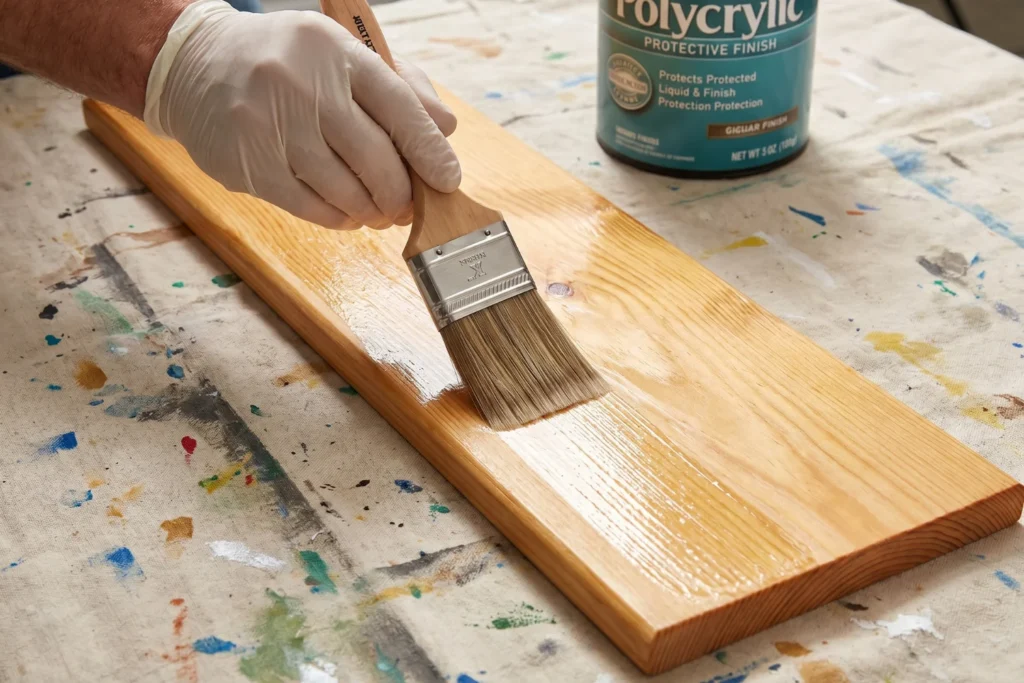 Close-up of hand brushing polycrylic onto a pine board on a drop cloth
