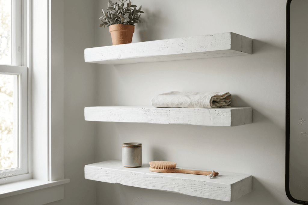 bathroom open shelf styled with minimal objects