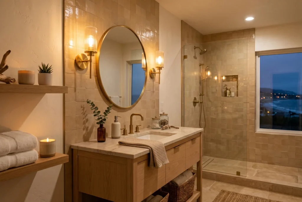 coastal bathroom with linen shower curtain
