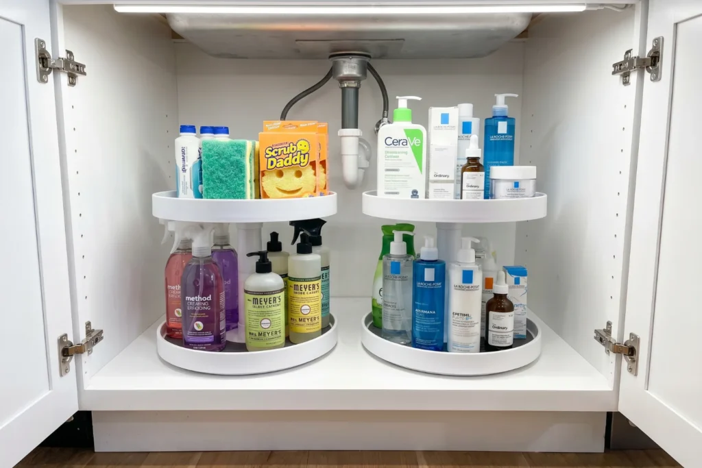 Under-sink area with white two-tier turntable organizer holding cleaning products and skincare