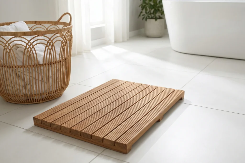 Teak wood bath mat on white tile floor with rattan storage basket for warm natural bathroom aesthetic
