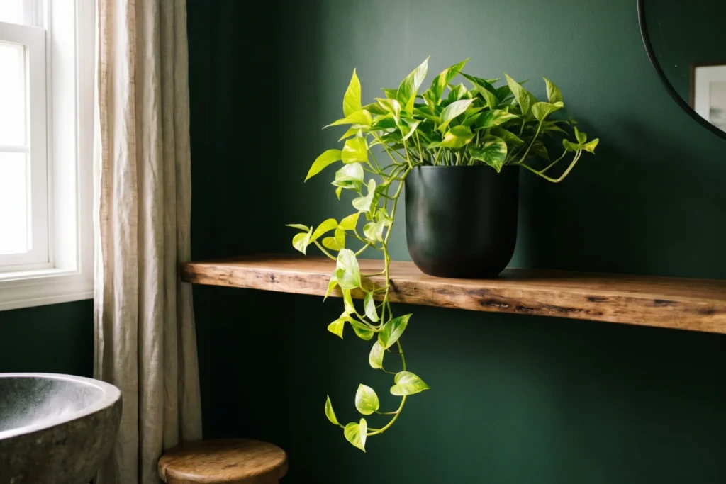 Single trailing pothos on floating shelf against dark forest green bathroom wall
