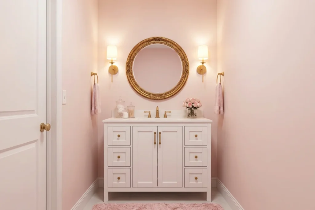 Small windowless bathroom in barely-there blush pink