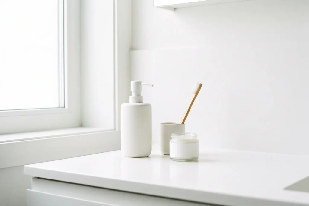 Minimal bathroom counter with only daily essential items for clean bathroom counter organization