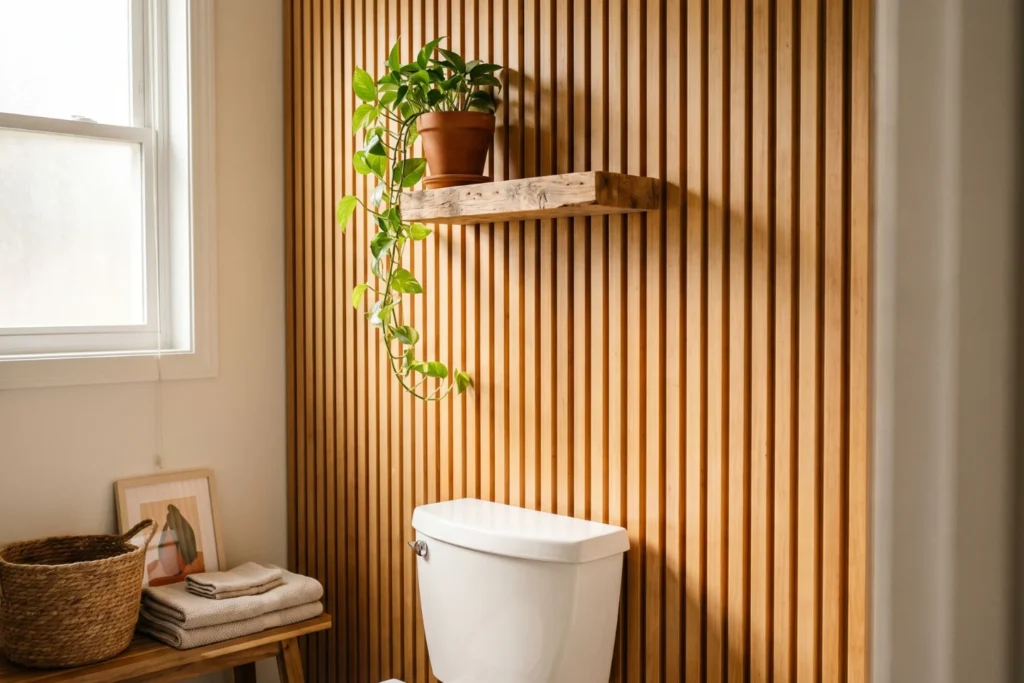 Behind-the-toilet accent wall with natural wood vertical slats, small floating shelf with plant