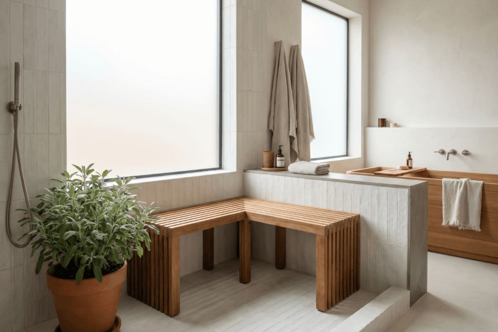 Japandi bathroom with teak bench