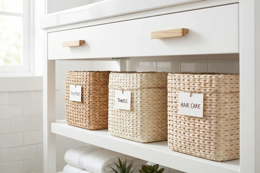 Woven seagrass storage baskets under bathroom vanity for organized clutter-free storage