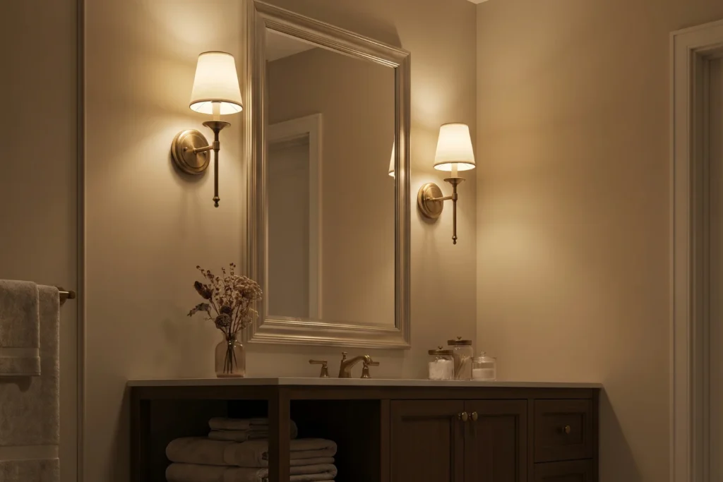 Bathroom mirror with flanking brass sconces