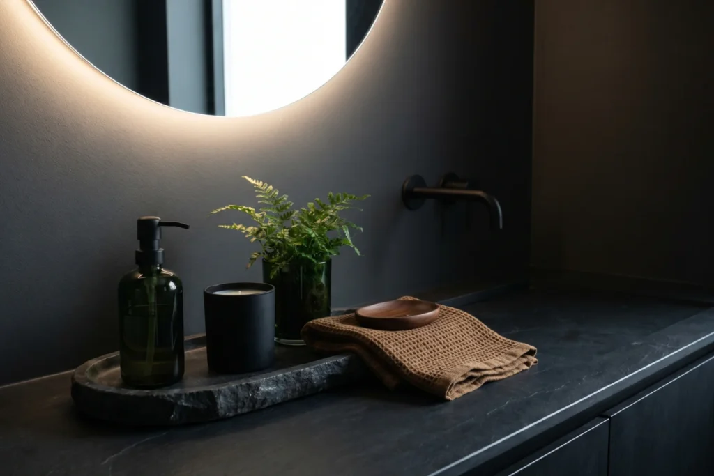 Dark vanity countertop with exactly five curated items — soap dispenser, candle, plant, folded towel, stone tray