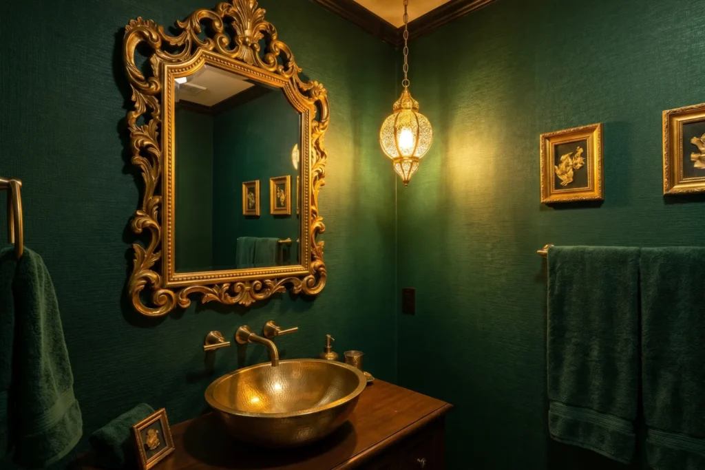 Small powder room fully drenched in deep emerald green