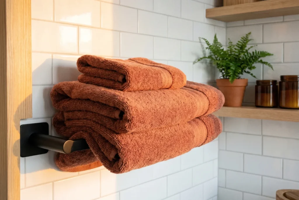 Stack of folded terracotta towels on matte black adhesive towel bar against white tile