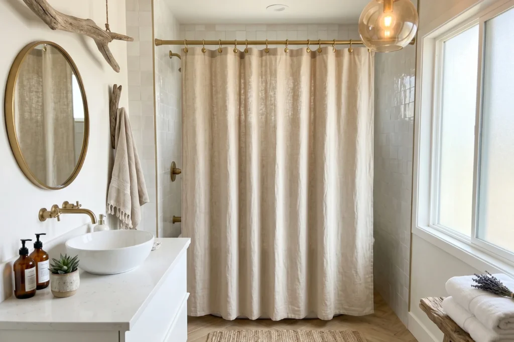 coastal bathroom at evening with warm layered lighting
