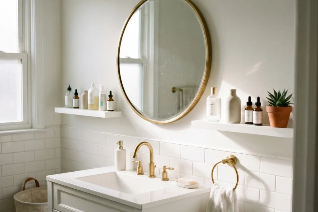 Two narrow white ledge shelves beside round mirror holding skincare bottles and a small succulent