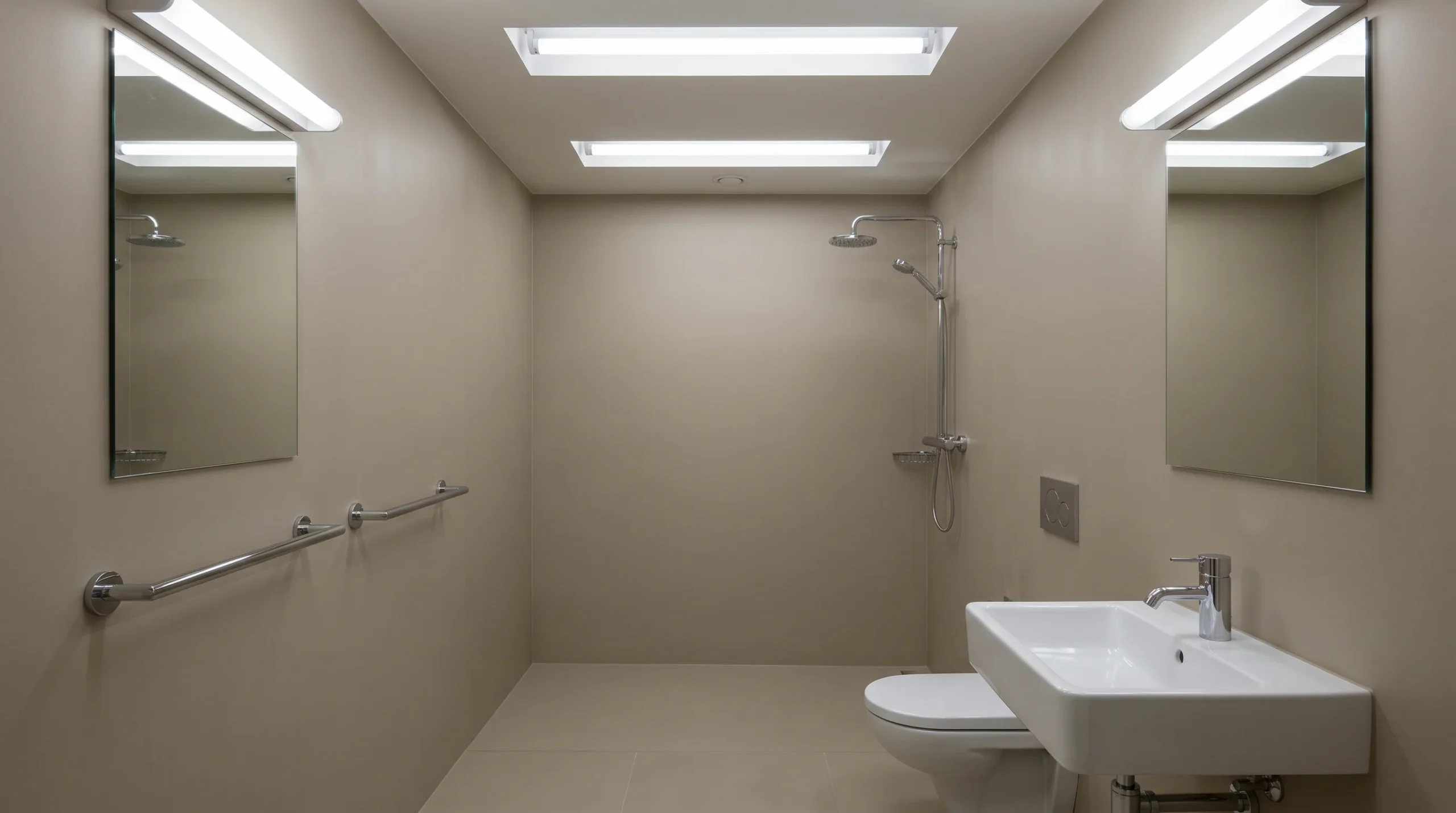 Minimal beige bathroom with chrome fixtures