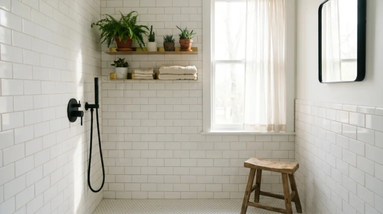 White subway tile bathroom with a brass wall shelf