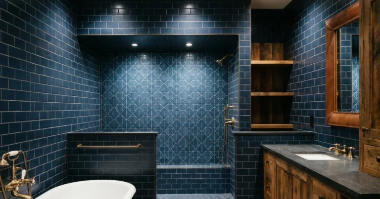 Blue and brown bathroom