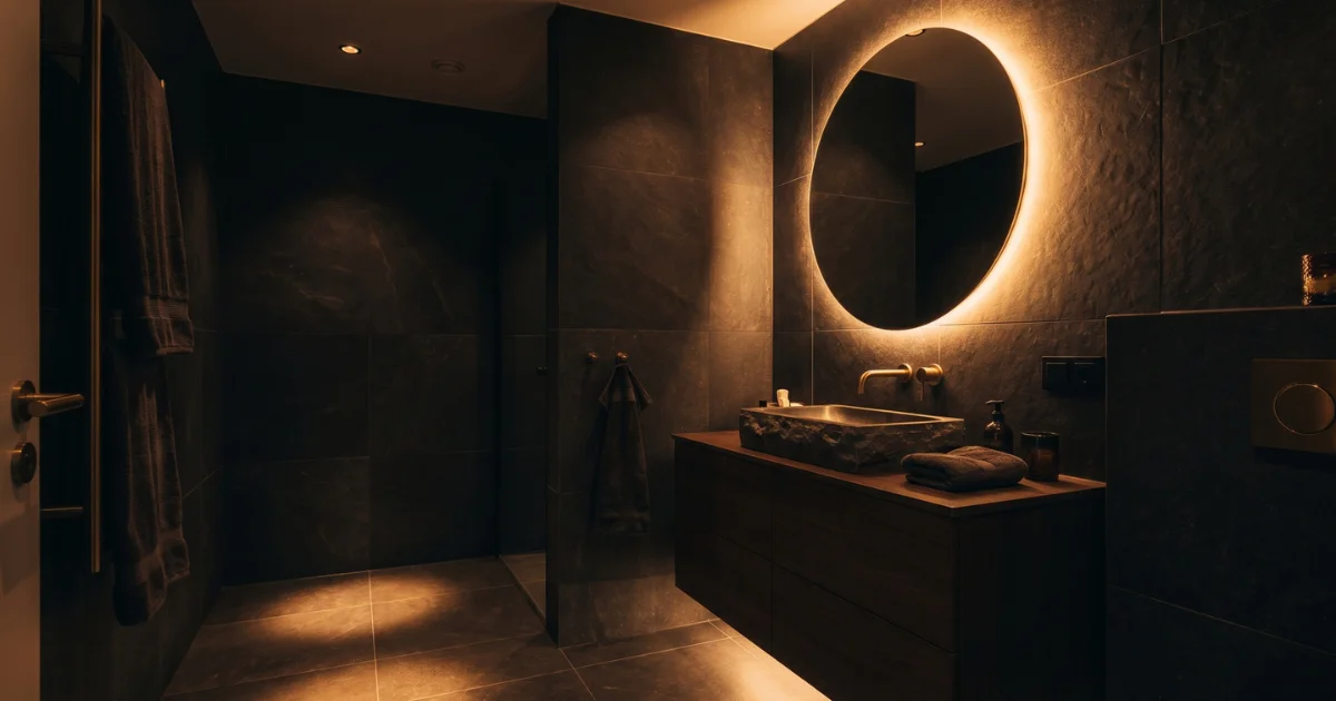Stark white bathroom under harsh overhead lighting