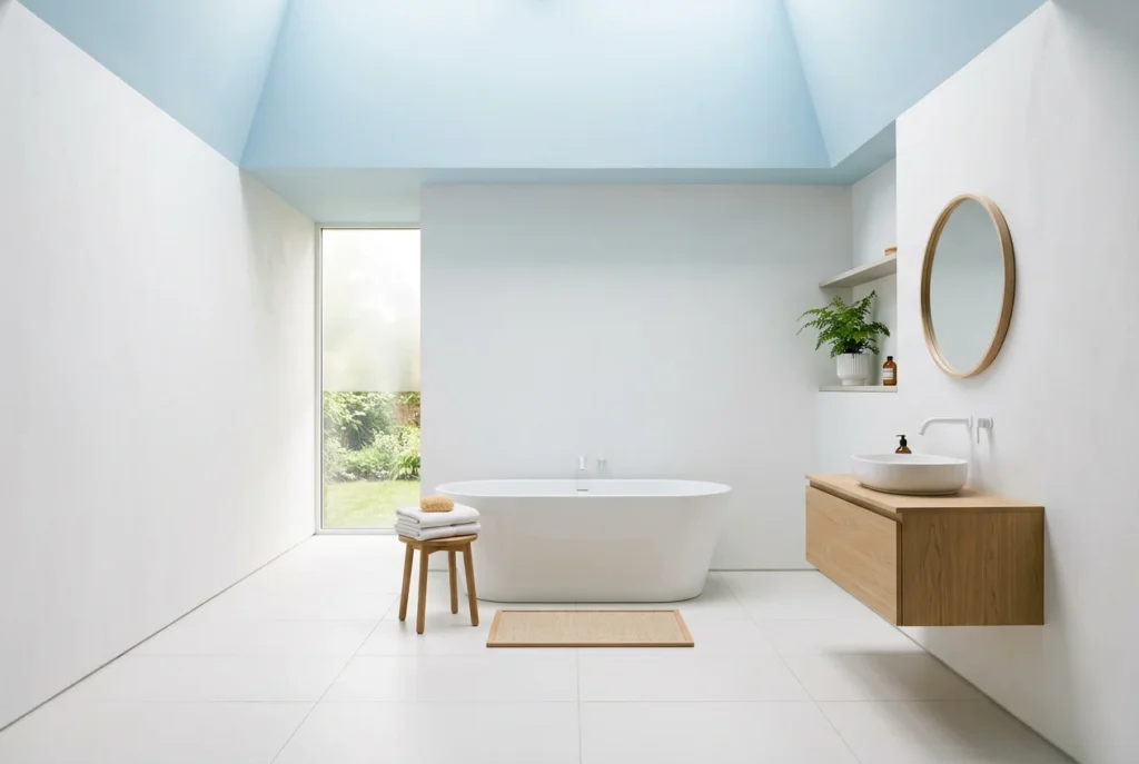 Pale blue painted ceiling in small brown and blue bathroom with light wood accents