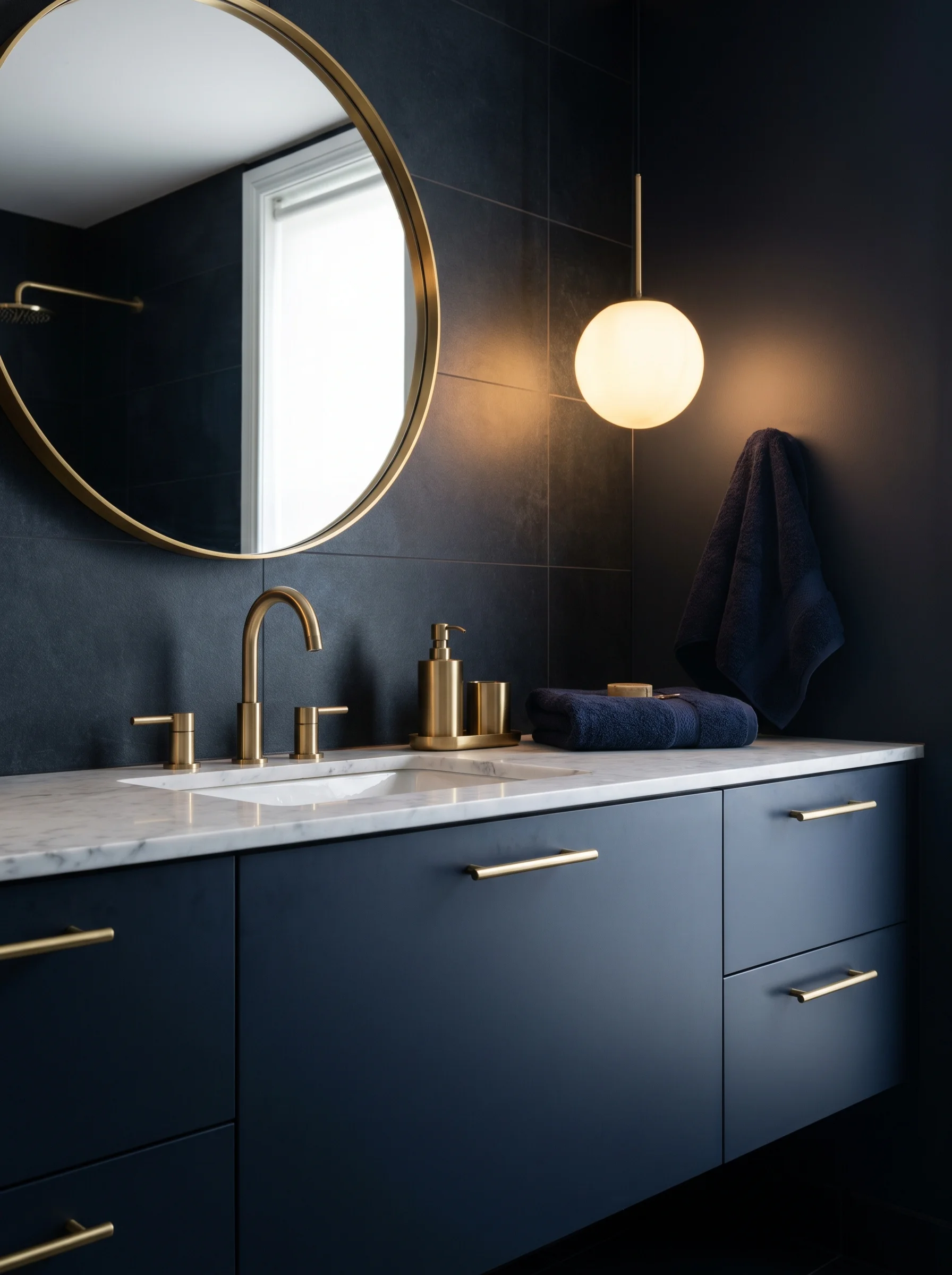 navy and gold bathroom color scheme