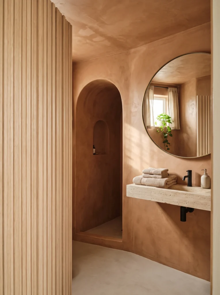 Terracotta Plaster Room with Reeded Wood and a Round Mirror