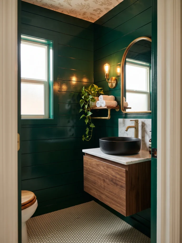Dark green shiplap powder room with floral wallpaper ceiling, walnut floating vanity, black vessel sink, arched brass mirror, and brass sconce