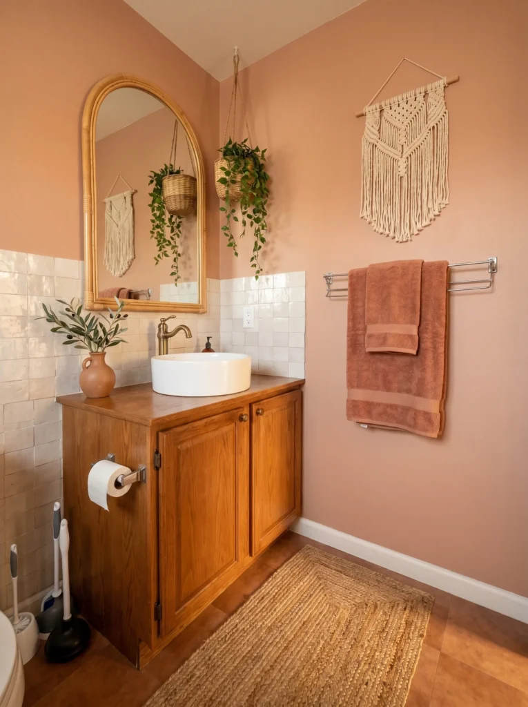 After photo of the same bathroom reborn with terracotta walls, a zellige-look backsplash, rattan mirror, hanging plants, and macramé
