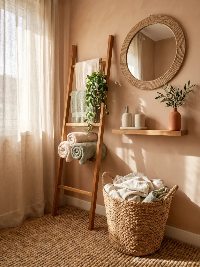 Terracotta plaster bathroom corner with a leaning wood towel ladder, woven rope mirror, floating shelf, seagrass laundry basket, olive branches in sunlight