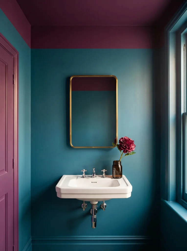  Bathroom using two bold colors, deep teal blue on the walls with an equally rich plum painted ceiling and door, white wall-mounted sink, gold framed mirror, magenta pink door, and a single bold flower in an amber jar
