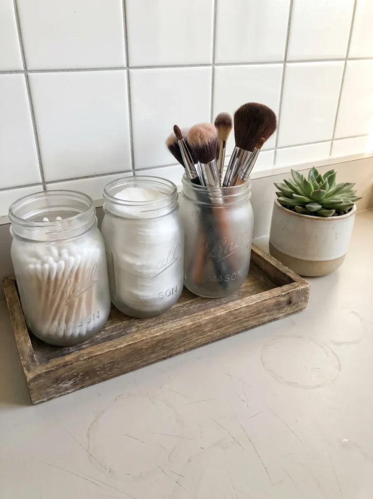Three frosted Ball mason jars on a rustic wood tray holding cotton swabs, cotton rounds, and makeup brushes, set against a white grid-tile wall with a small succulent in a ceramic pot beside them