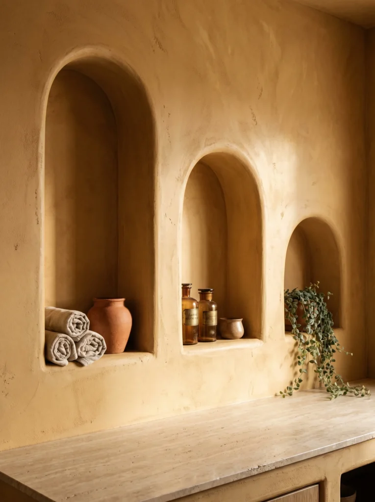 Small Tuscan powder room with deep ochre plaster walls, a carved travertine pedestal sink, ornate iron mirror, brass faucet, and a terracotta floor