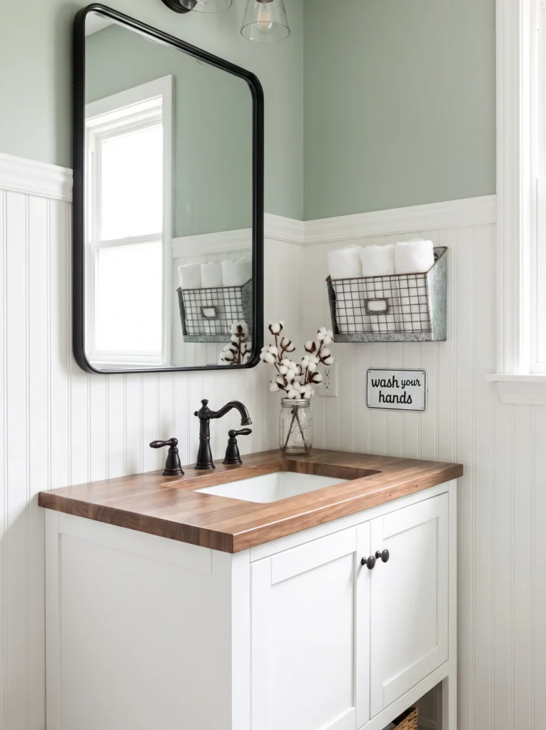modern farmhouse guest bathroom with sage upper wall, white beadboard, butcher block vanity top, and galvanized basket