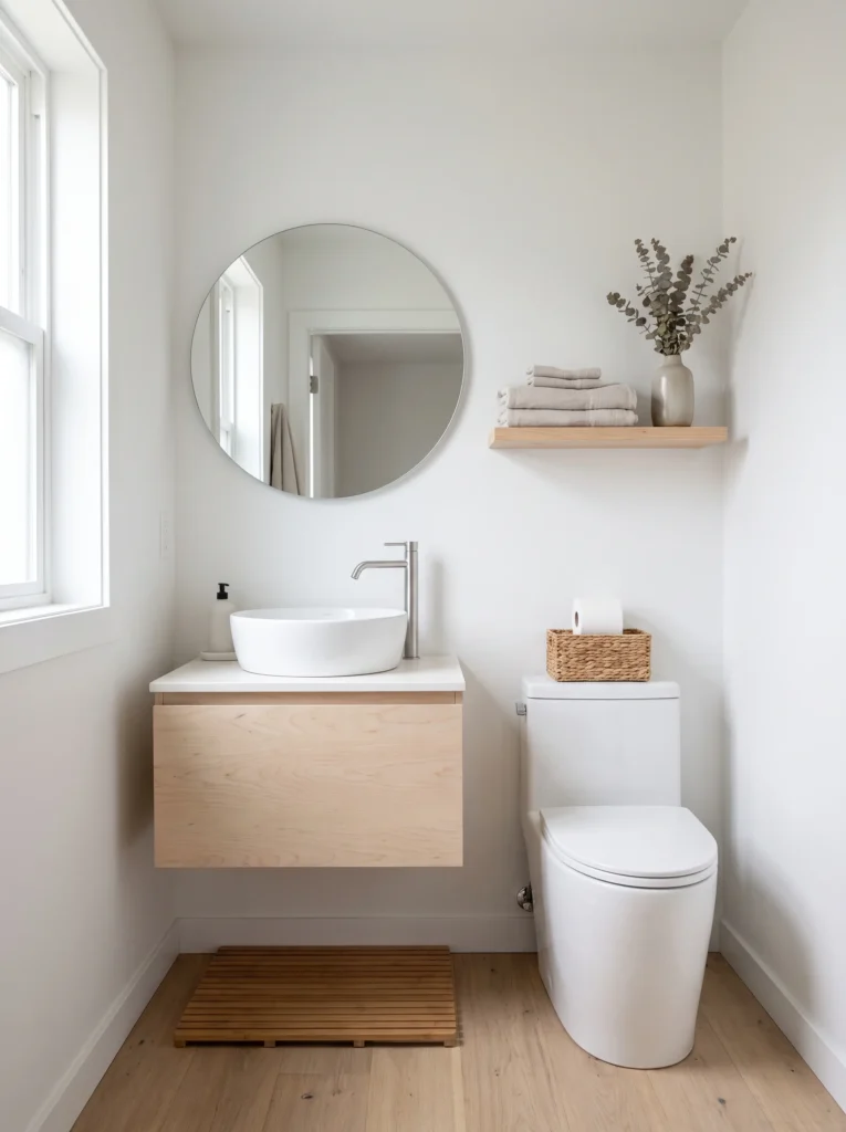 Clean white Scandinavian bathroom with light maple floating vanity, round mirror, white vessel sink, wood floor, and floating shelf with eucalyptus